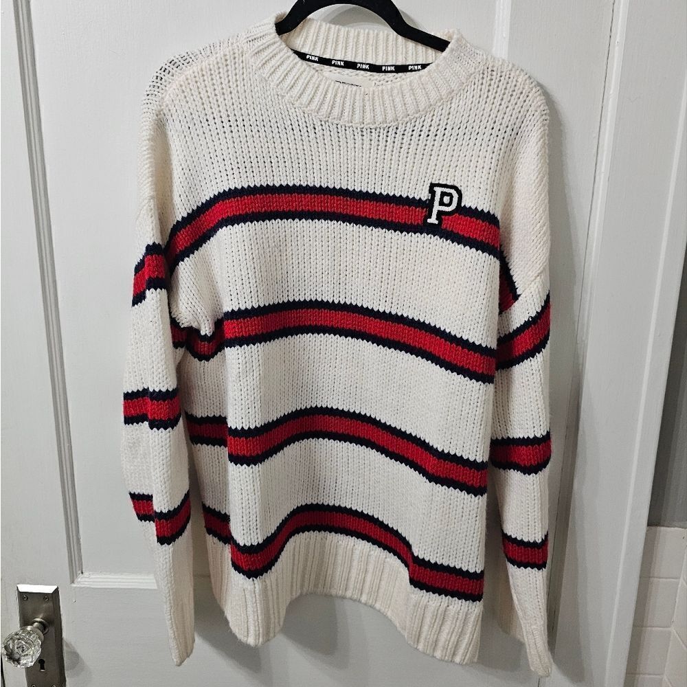 PINK oversized sweater. Red, blue and cream. Like new, sz small